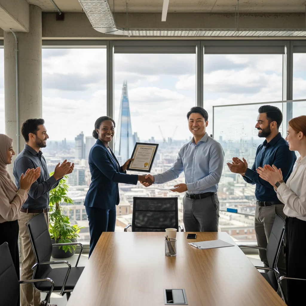 A photorealistic image of a professional business meeting in a modern UK office, where a manager is shaking hands with an employee to signify a promotion, conveying success and career advancement without showing any documents.