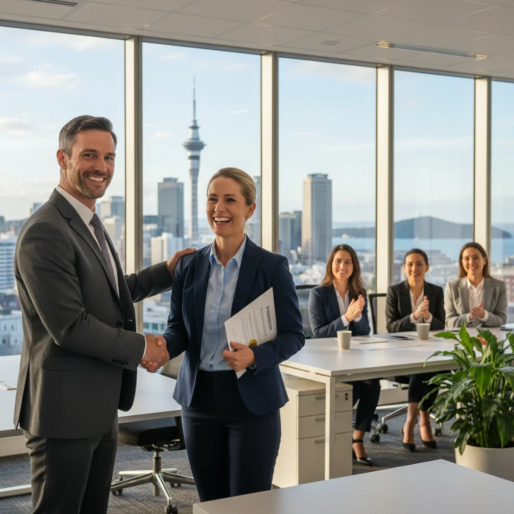 A photorealistic image of a professional adult in a modern New Zealand office setting, celebrating a promotion with a confident handshake with a colleague, symbolizing career advancement and the purpose of a promotion justification memo. The scene conveys success, professionalism, and positive workplace achievement, with no children present.