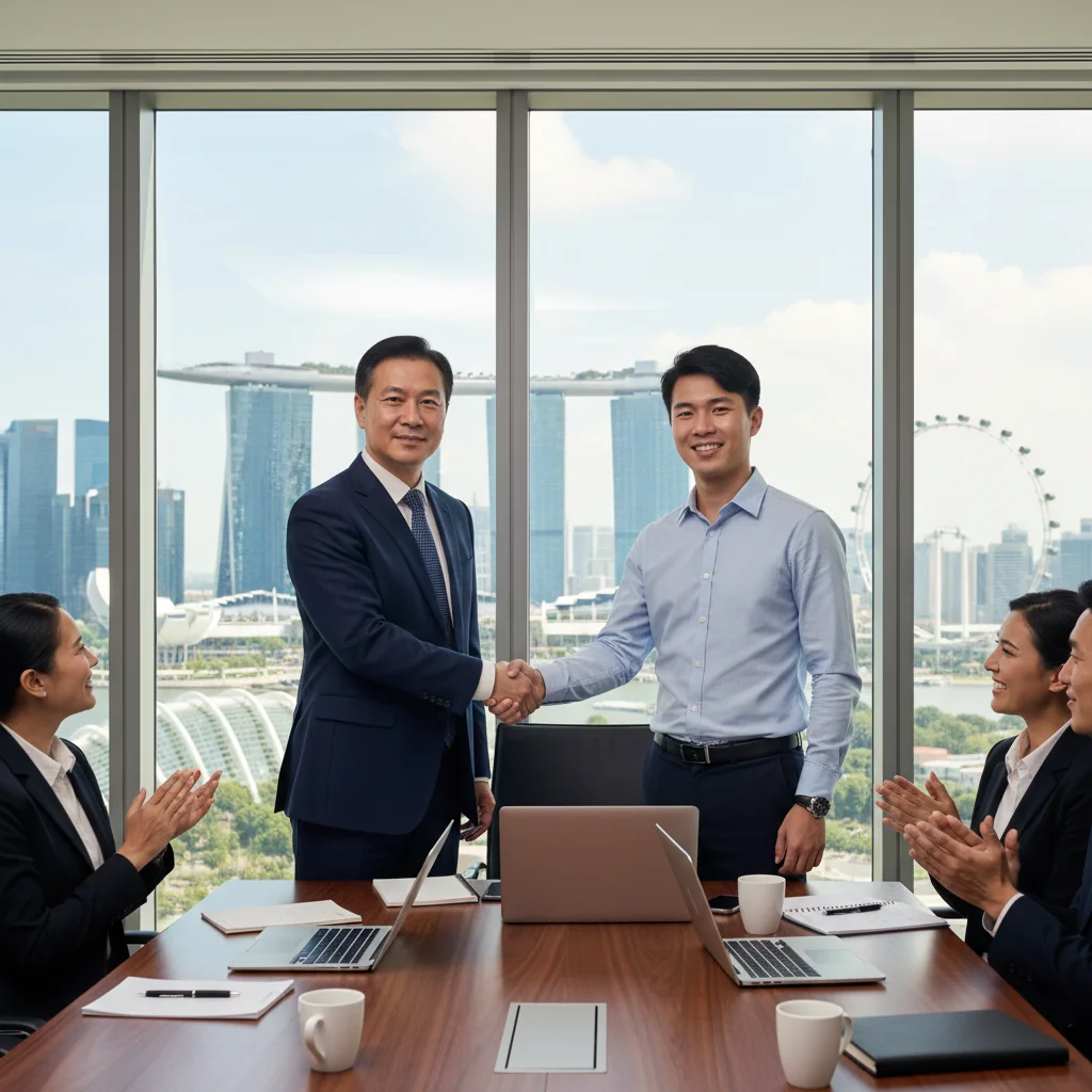 A photorealistic image of a professional business meeting in a modern Singapore office, where a manager is shaking hands with an employee to celebrate a promotion, symbolizing career advancement and justification in a corporate setting. The scene includes diverse adult professionals in business attire, with elements like the Singapore skyline visible through large windows in the background. No children are present. The image is entirely photorealistic, with no graphics, drawings, or illustrations.
