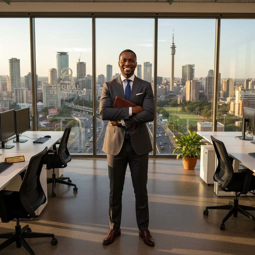A photorealistic image of a professional adult in a South African corporate office setting, symbolizing career advancement and promotion, with elements like a modern business environment in Johannesburg, no documents visible, no children present.