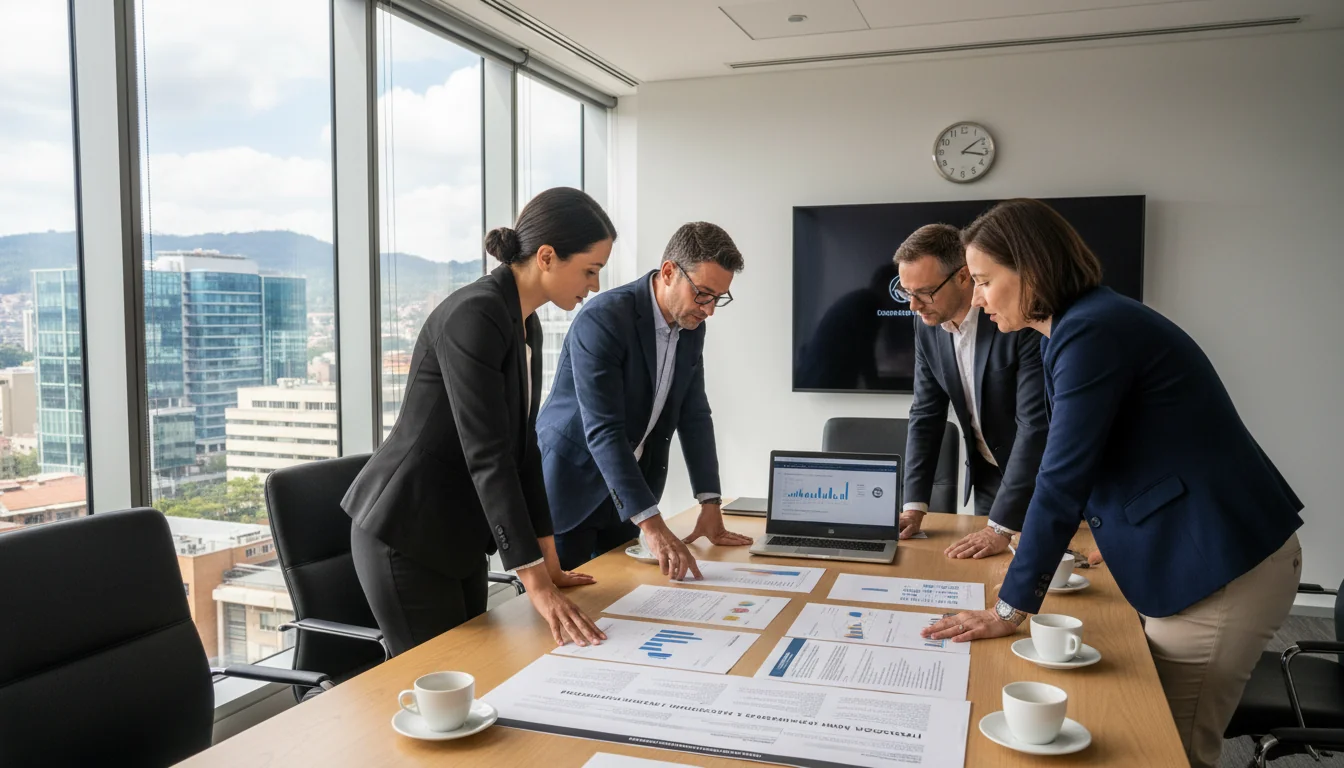 Corporate team discussing promotion docs