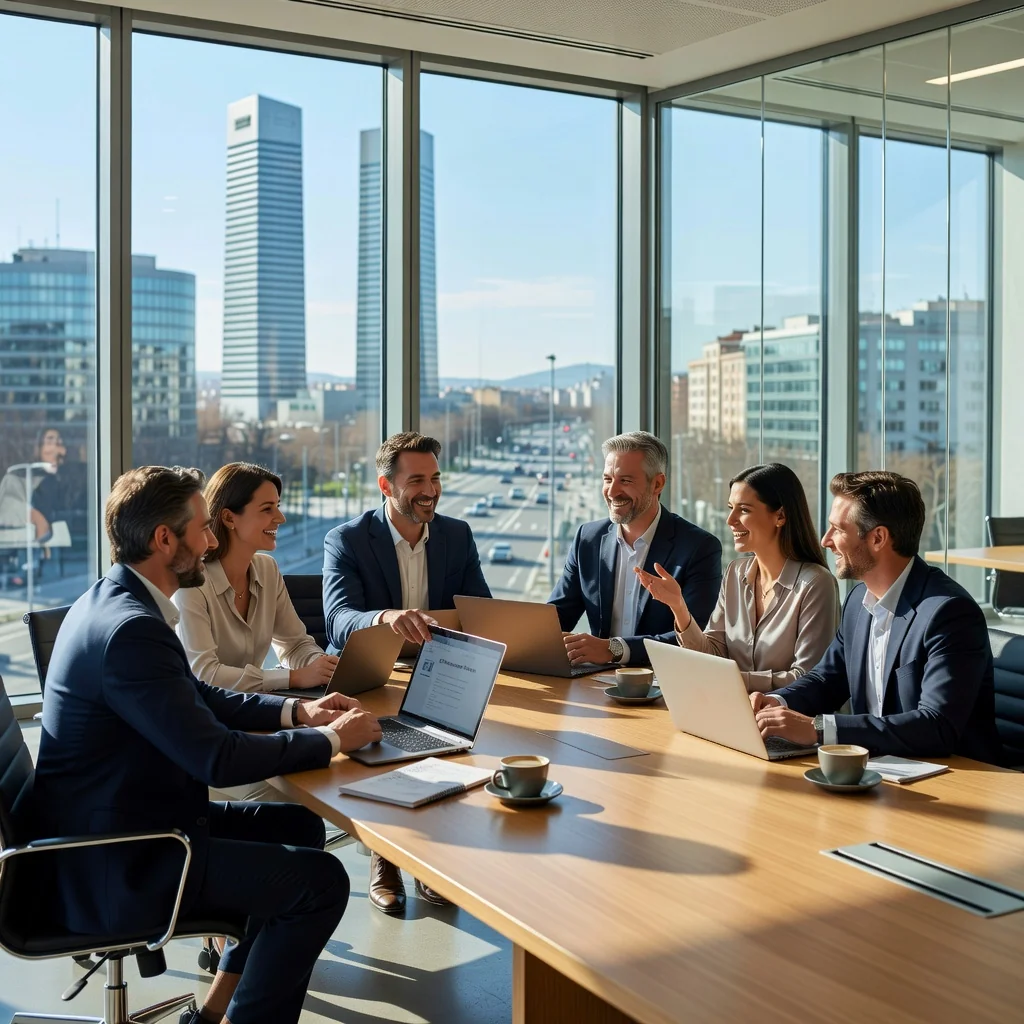 A photorealistic image of a professional business meeting in a modern Spanish office, with diverse adult professionals discussing career advancement and promotions around a conference table, evoking the justification for corporate promotion without showing any documents. No children present.