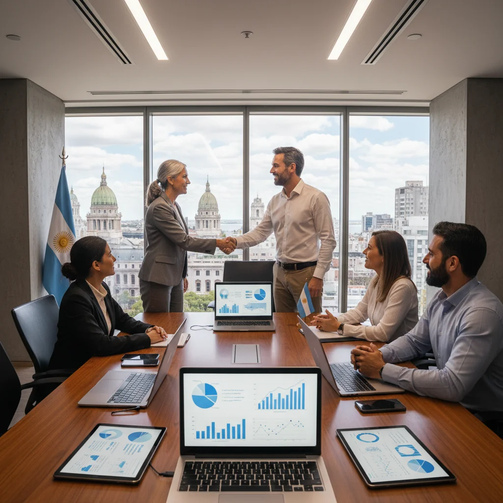 A photorealistic image of a professional business meeting in a modern Argentine corporate office, where a manager is discussing career advancement with an employee, symbolizing promotion justification, with subtle Argentine elements like a flag in the background. No children are present in the image.