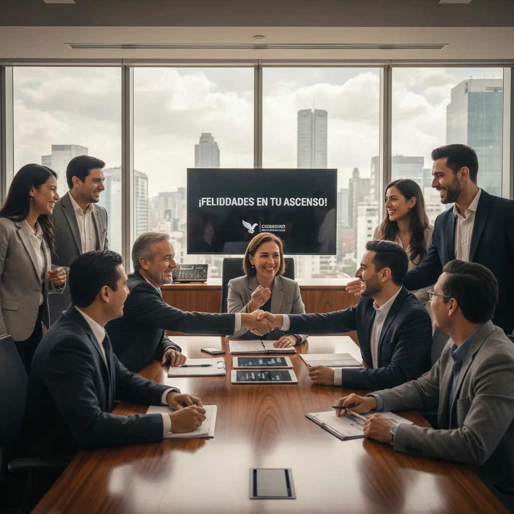 A photorealistic image of a diverse group of professional business people in a modern Mexican corporate office, engaged in a positive discussion about career advancement and promotion, symbolizing the justification for employee promotion in a corporate setting. The scene conveys success, teamwork, and professional growth without focusing on any documents.
