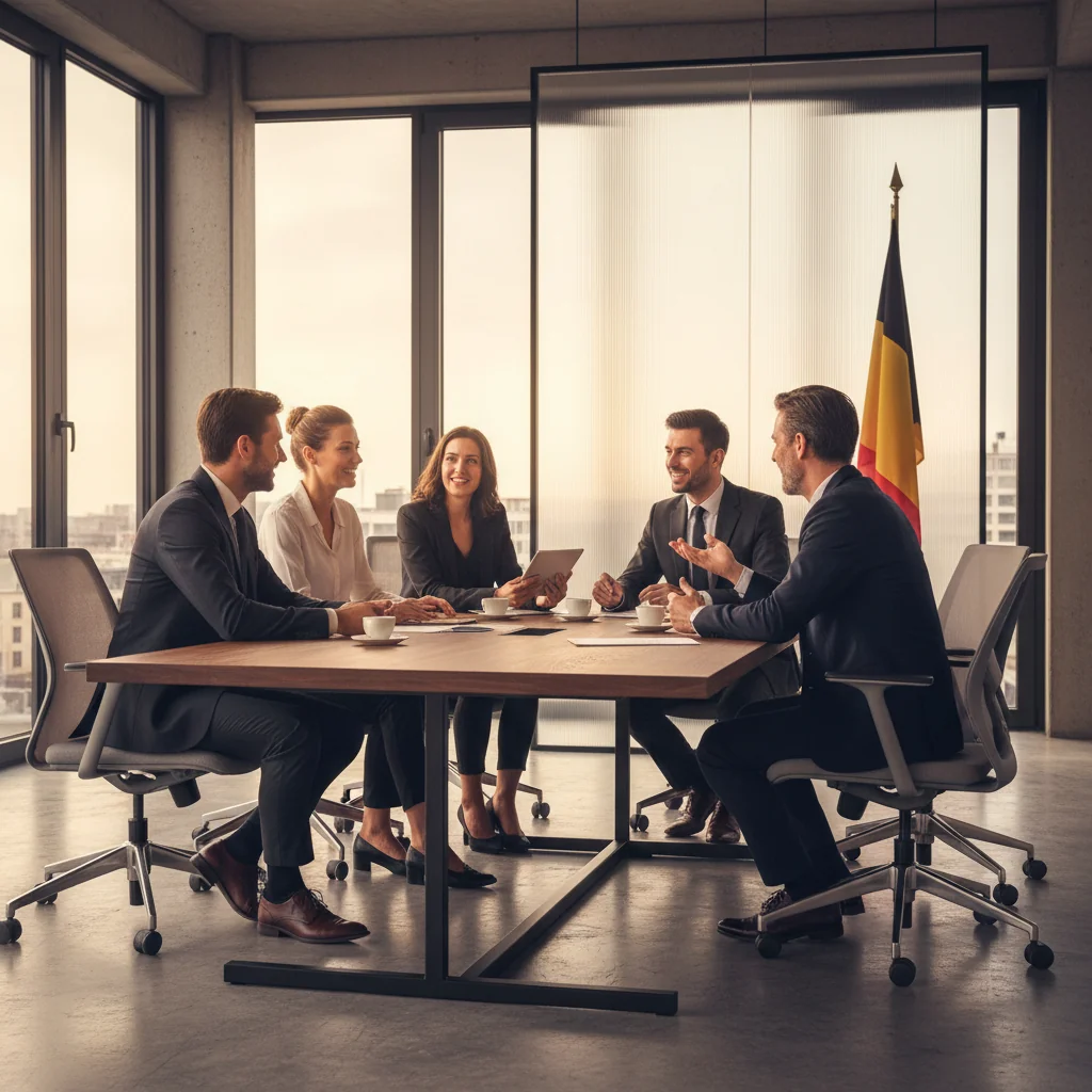 A photorealistic image of a professional business meeting in a modern Belgian office, symbolizing career advancement and corporate promotion justification, with adults in business attire discussing achievements around a conference table, no children present.