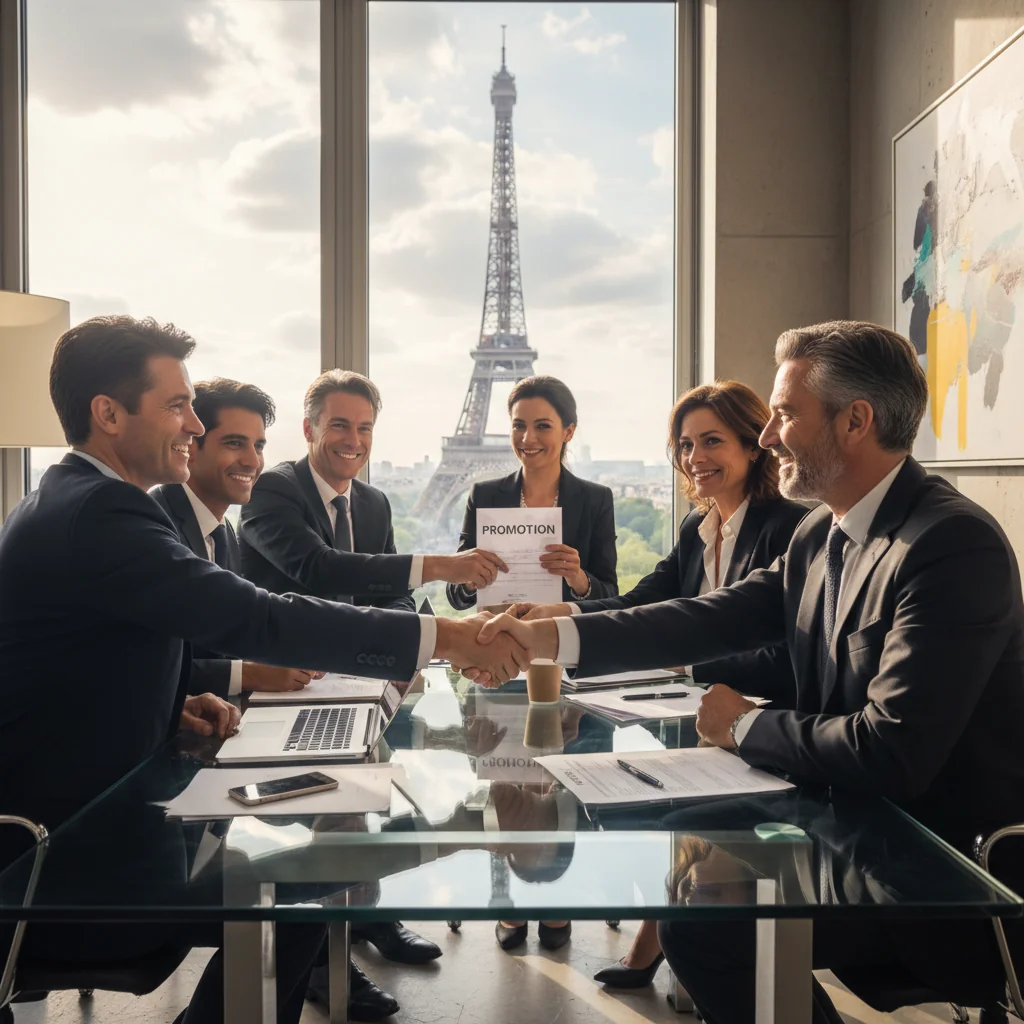 A photorealistic image of a professional business meeting in a modern French corporate office, with diverse adult executives discussing career advancement and promotions around a conference table, evoking success and professional growth in France, no documents visible, no children present.