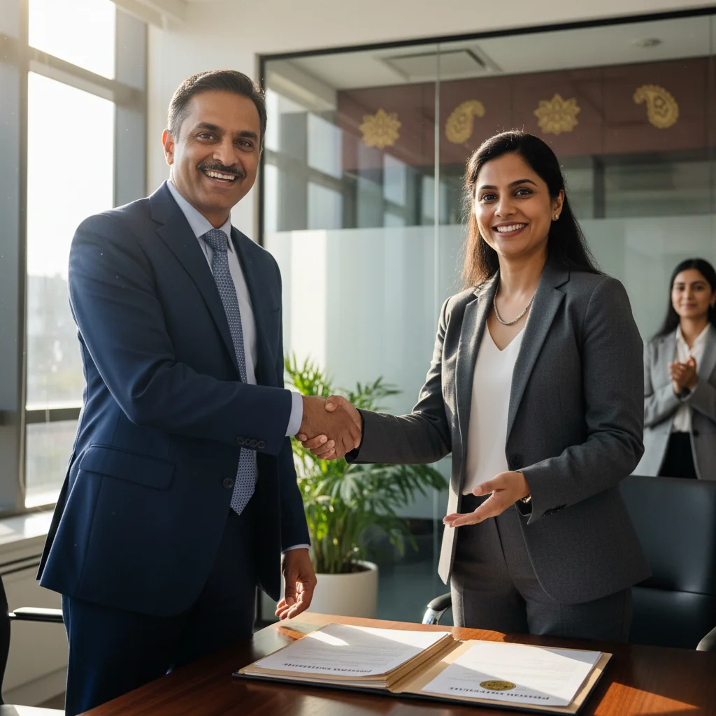 A photorealistic image of a professional adult employee in a modern Indian corporate office, shaking hands with a colleague during a promotion discussion, symbolizing career advancement and the preparation of justification memos for promotions, with no children present.