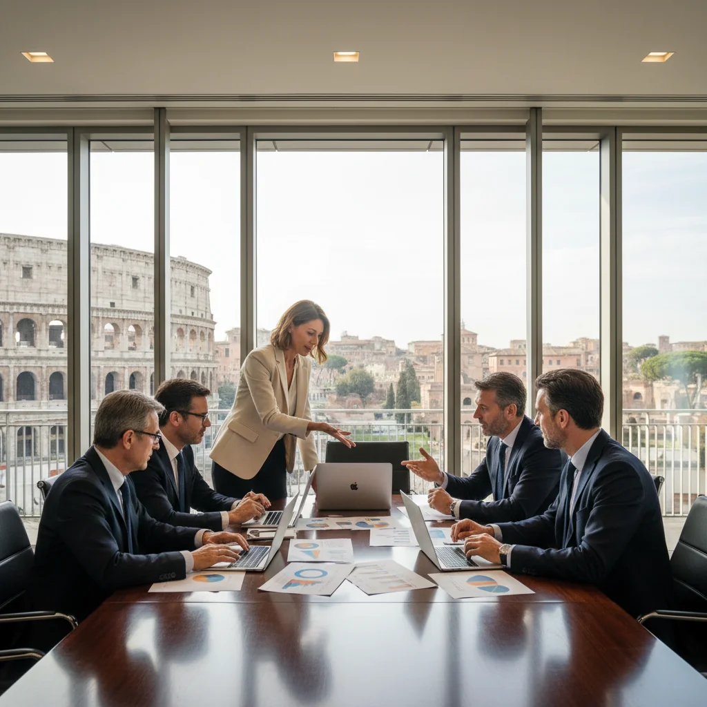 A photorealistic image of a professional business meeting in a modern Italian office, where executives are discussing promotion strategies around a conference table, symbolizing corporate advancement and justification processes in Italy. The scene includes Italian elements like a view of Rome skyline through the window, with adults only in business attire.