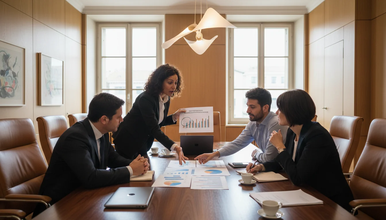 Corporate team discussing promotion justification