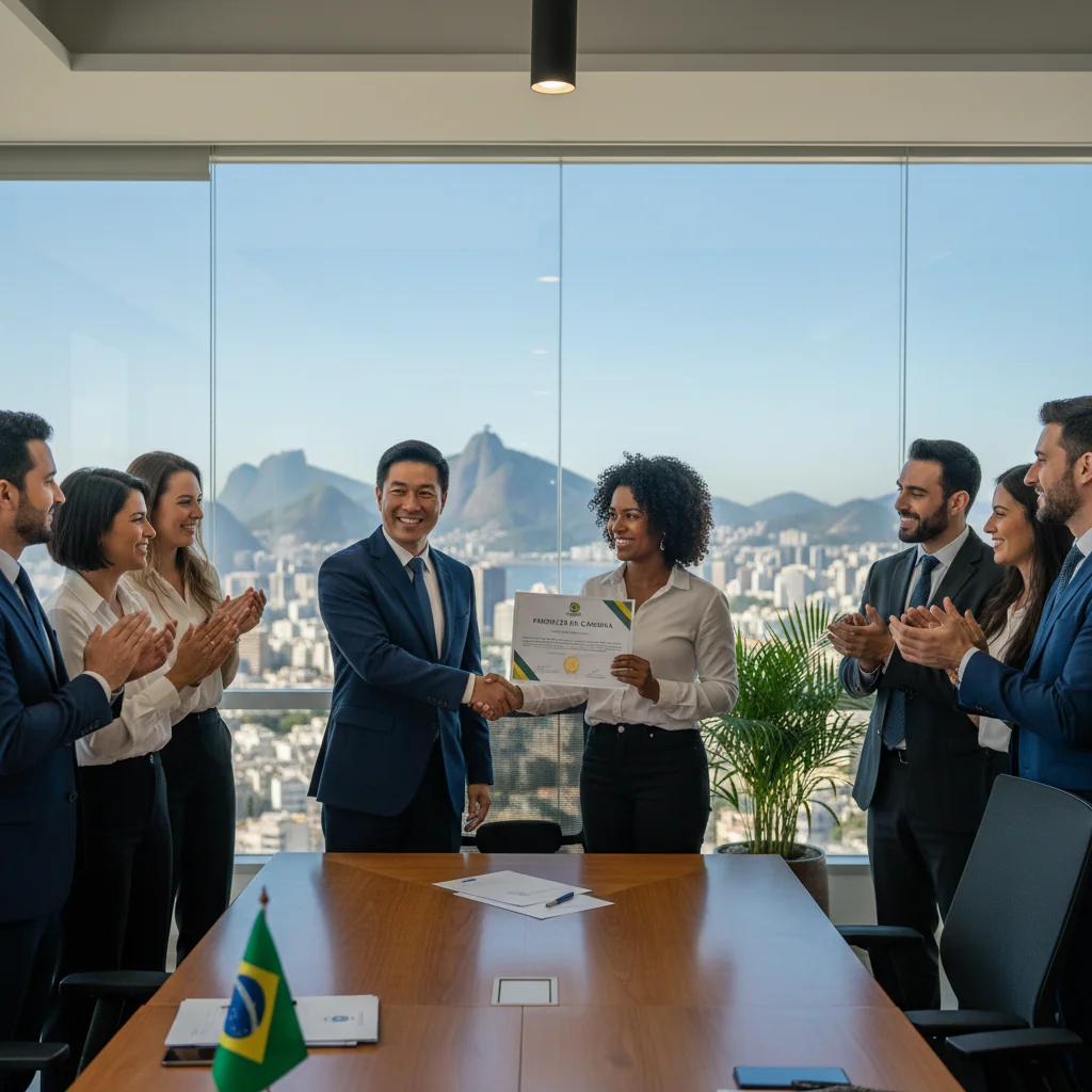 A photorealistic image of a professional business meeting in a modern Brazilian corporate office, where a manager is discussing a promotion justification with a team member, symbolizing career advancement and professional growth in a Brazilian business context, with Brazilian cultural elements like a flag or tropical plants in the background. No children are present in the image.
