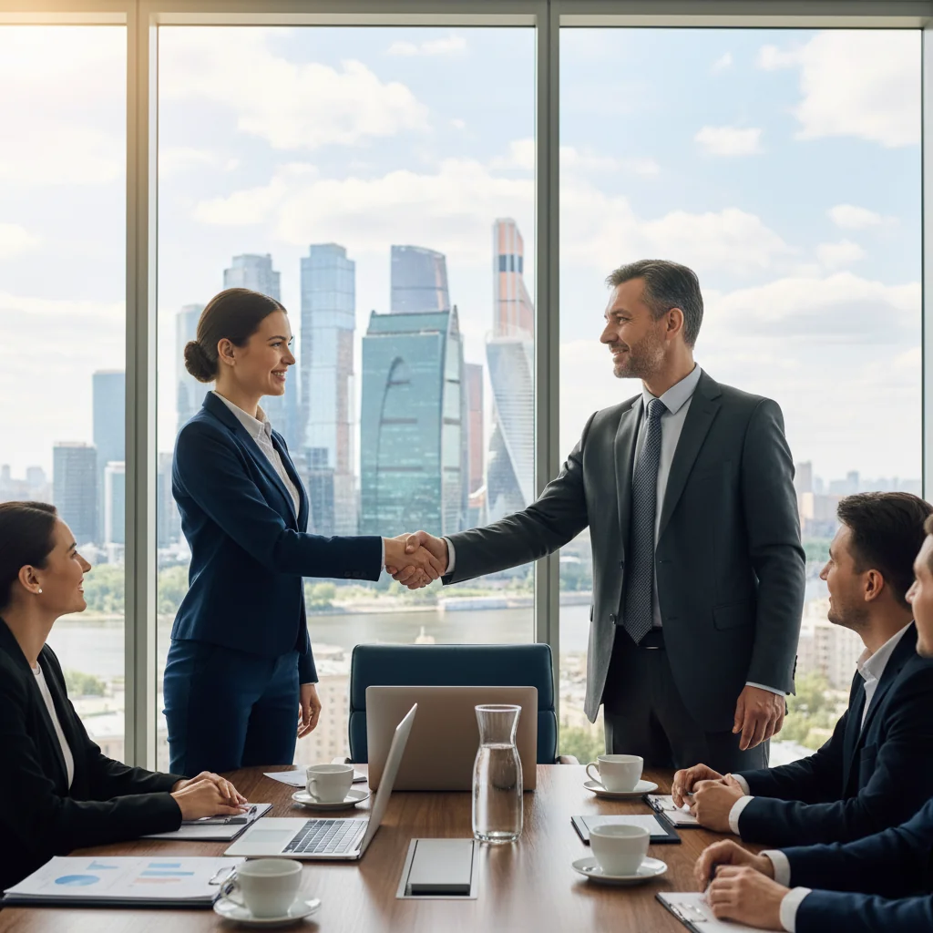 A photorealistic image of a professional business meeting in a modern Russian corporate office, where a manager is discussing a promotion with an employee, symbolizing career advancement and justification in corporate documentation. The scene includes adults in business attire, with no children present.