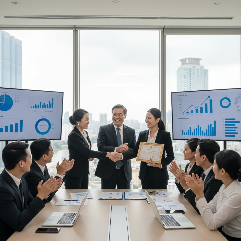A photorealistic image of a professional business meeting in a modern Vietnamese corporate office, where a manager is shaking hands with an employee to signify a promotion, with subtle Vietnamese cultural elements like a flag or traditional decor in the background, conveying career advancement and success.