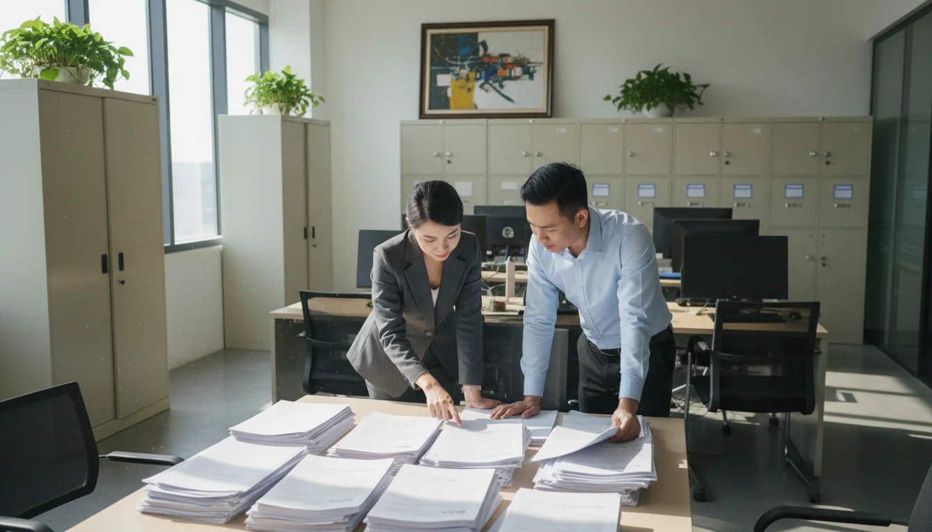 Office workers reviewing career docs