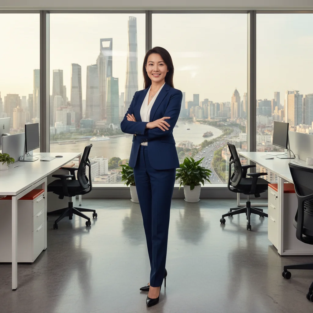 A photorealistic image of a professional adult businessperson in a modern Chinese corporate office, standing confidently with a subtle expression of achievement and career progression, symbolizing promotion and success in a corporate environment. The scene includes elements like a sleek desk, city skyline view from a window, and professional attire, evoking the essence of preparing for a promotion justification memo without focusing on documents. No children are present in the image.