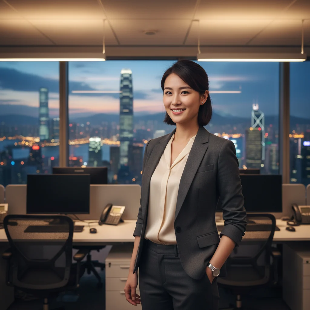 A photorealistic image of a professional adult in a Hong Kong corporate office, standing confidently with a subtle smile as if having just received a promotion, surrounded by modern office elements like a city skyline view, no documents visible, emphasizing career advancement and success.