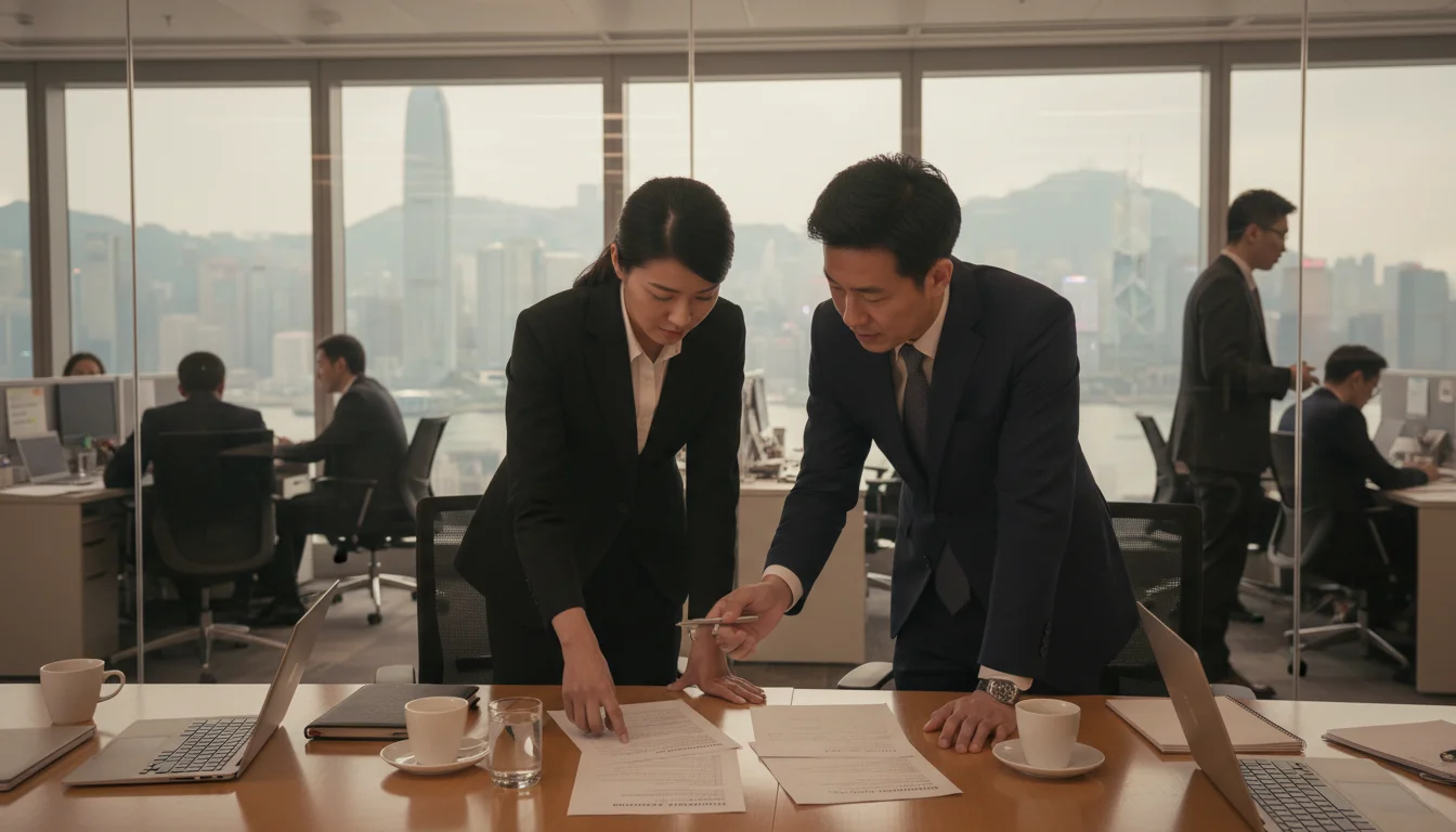 Office workers reviewing promotion docs