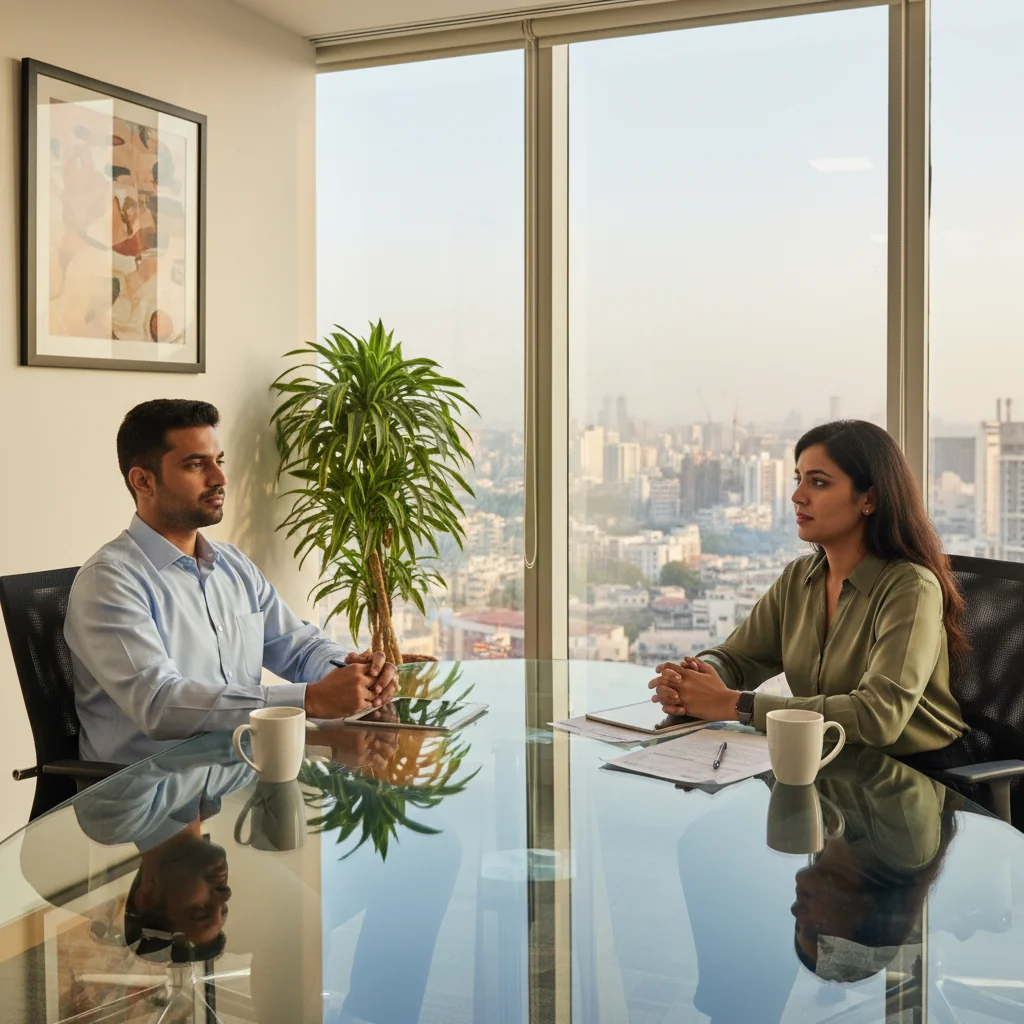 A photorealistic image depicting a professional exit interview scene in an Indian corporate office, showing a young adult employee in business attire sitting across from a HR manager at a modern conference table, engaged in a thoughtful conversation, with subtle Indian cultural elements like a window view of an urban Indian cityscape, conveying themes of reflection, feedback, and career transition.