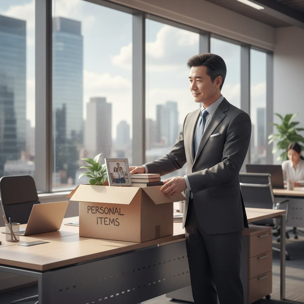 A photorealistic image depicting a professional adult employee in a modern office setting, packing up personal items from their desk with a thoughtful expression, symbolizing the transition of leaving a company. The scene conveys a sense of closure and new beginnings, with subtle elements like a half-empty coffee mug and a farewell card from colleagues, but no corporate documents visible.