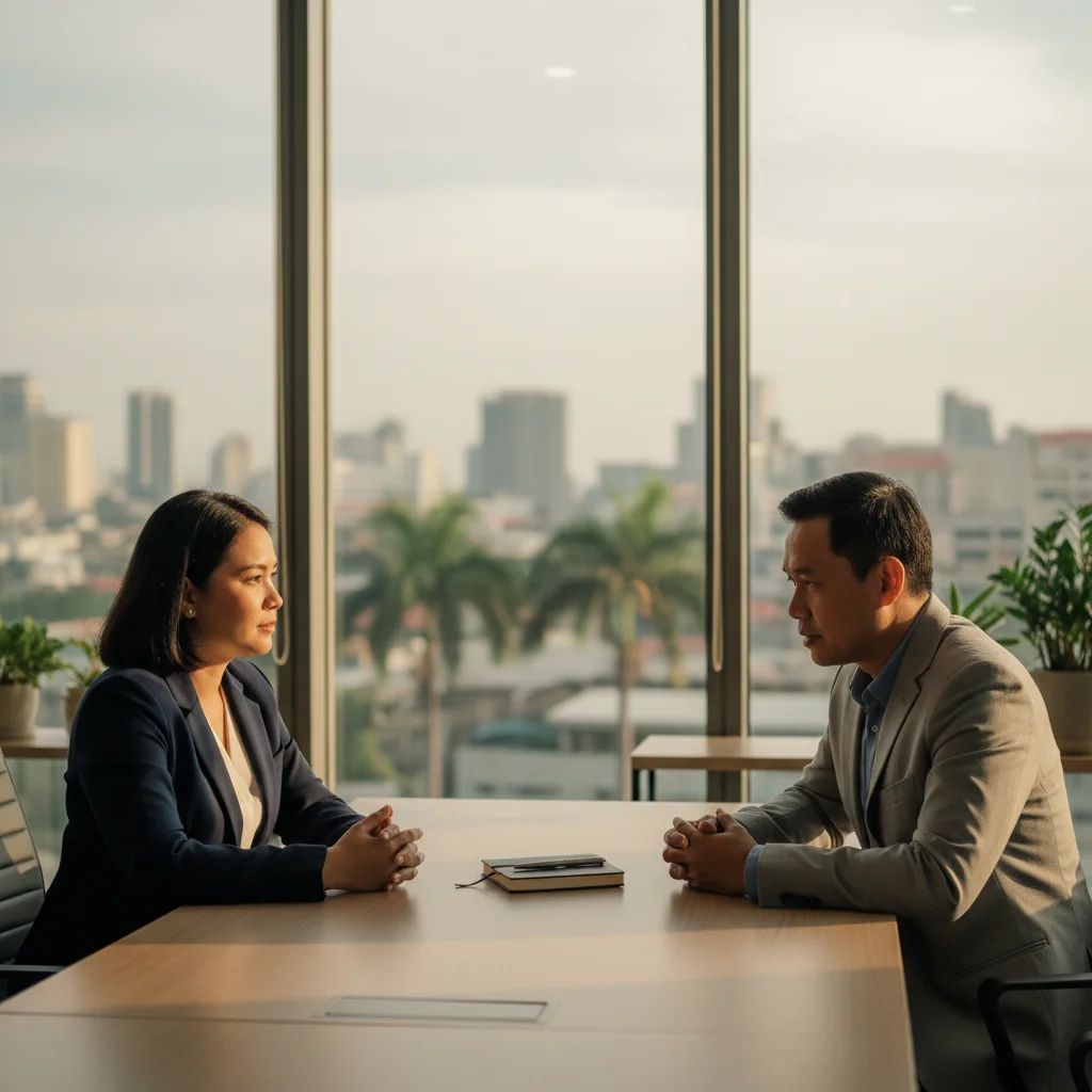 A photorealistic image depicting a professional exit interview scene in a modern Philippine workplace office, showing an adult employee in business attire sitting across from an adult HR representative at a desk, engaged in a calm and professional conversation, with subtle Philippine cultural elements like a window view of a cityscape or tropical plants in the background, conveying themes of legal considerations and smooth transitions in employment.