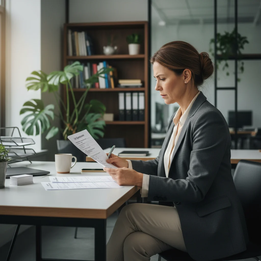 A photorealistic image of a professional adult employee thoughtfully reviewing an exit interview form at a desk in a modern office, symbolizing careful completion to avoid errors, with no children present.