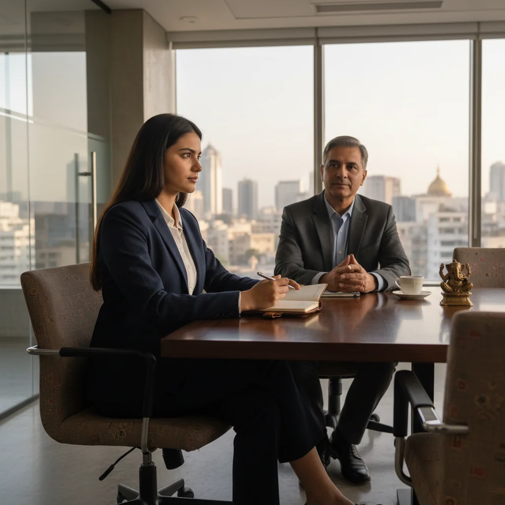 A photorealistic image of a professional adult employee in a modern Indian office setting, engaged in a thoughtful exit interview conversation with a manager, symbolizing the purpose of an exit interview questionnaire in India. The scene captures a moment of reflection and feedback exchange, with warm lighting and authentic details, no children present.