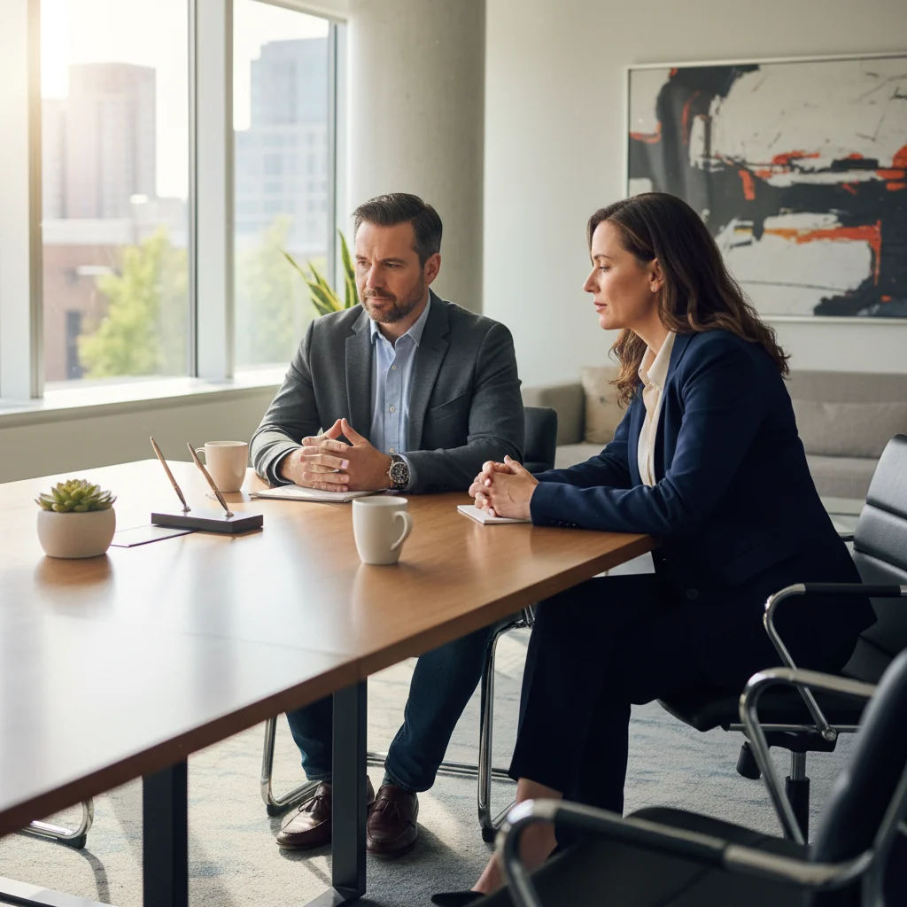 A photorealistic image of a professional exit interview scene in a modern office, showing an adult employee and a manager engaged in a serious conversation across a desk, with subtle expressions of reflection and closure, no children or documents visible.