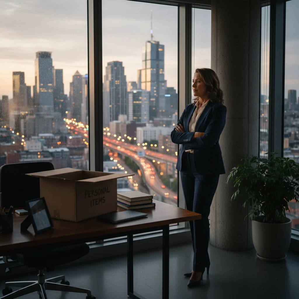 A photorealistic image depicting an adult professional employee in a modern office environment, thoughtfully reflecting on their career journey as they prepare to leave the company, symbolizing the purpose of an exit questionnaire which captures feedback for improvement.