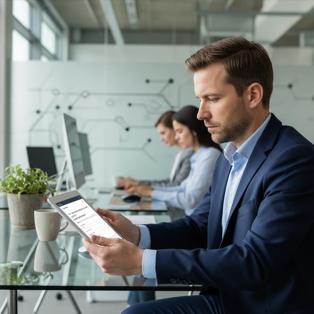 A photorealistic image depicting an adult employee in a modern office setting, thoughtfully completing a survey on a tablet about job satisfaction and reasons for leaving, with a subtle focus on feedback and improvement, no children present.
