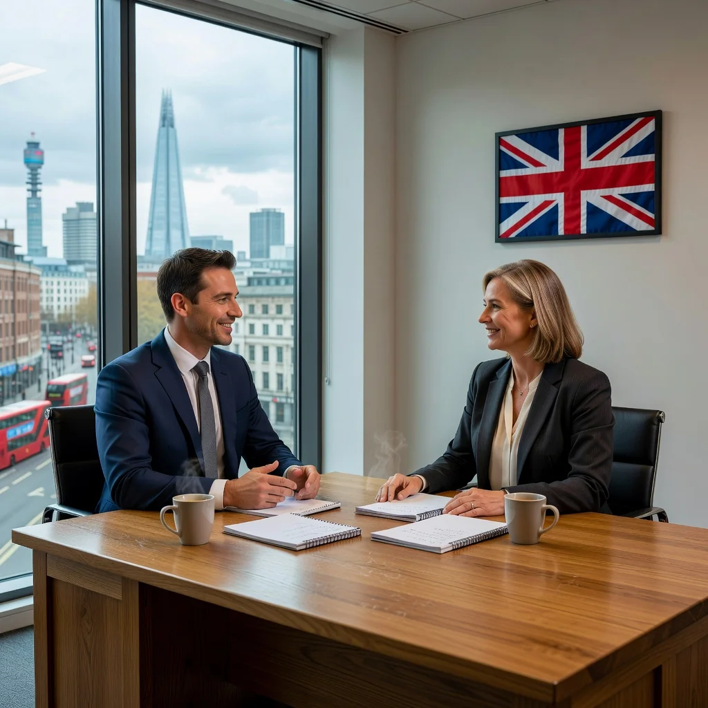 A photorealistic image depicting a professional exit interview scene in a modern UK office, showing an adult employee and a manager engaged in a constructive conversation across a desk, symbolizing the benefits for businesses and employees, with subtle British elements like a Union Jack flag in the background.