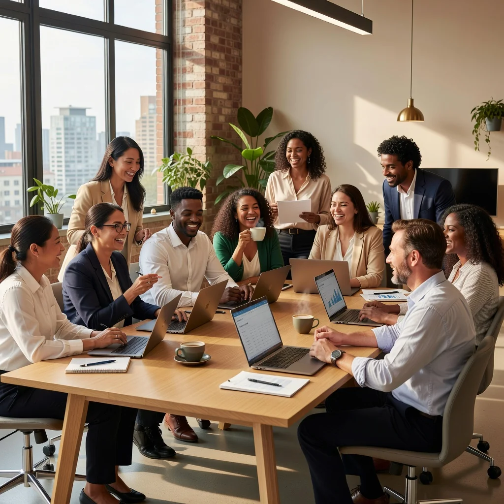 A photorealistic image of a diverse group of satisfied adult professionals in a modern office environment, smiling and collaborating on a project, symbolizing talent retention and employee engagement. No children are present in the image.