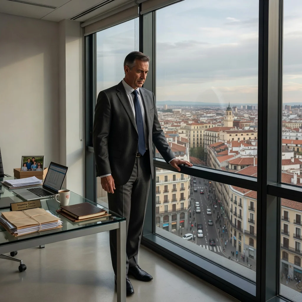 A photorealistic image of a professional adult employee in a modern Spanish office setting, looking reflective and content as they prepare to exit, symbolizing the exit questionnaire process in Spanish companies. The scene captures a sense of closure and transition in a corporate environment, with no children present.