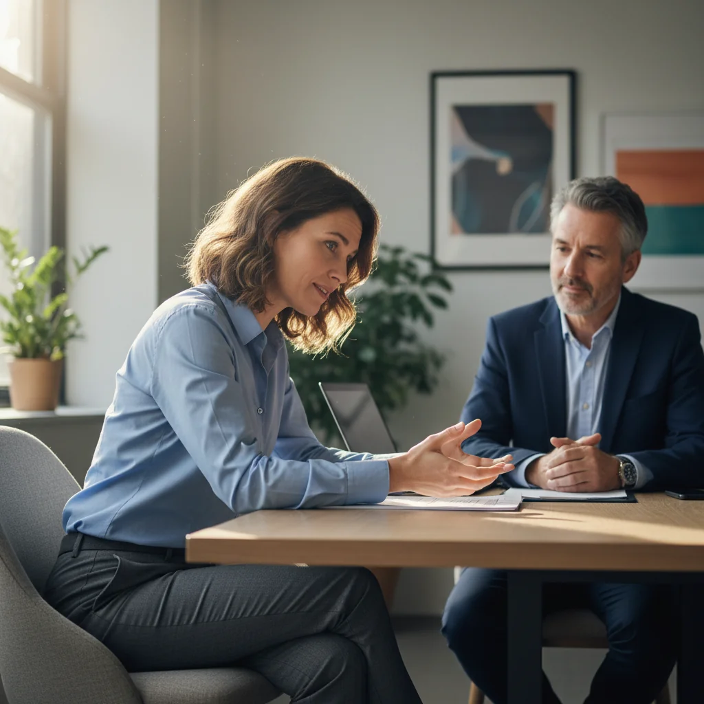 A photorealistic image depicting an adult professional employee in a thoughtful pose during an exit interview, sitting across from an HR representative in a modern office setting, symbolizing the analysis of employee departure reasons. The scene captures a moment of candid conversation, with subtle elements like a notebook or coffee cup on the table, but no documents or text visible. No children are present in the image.