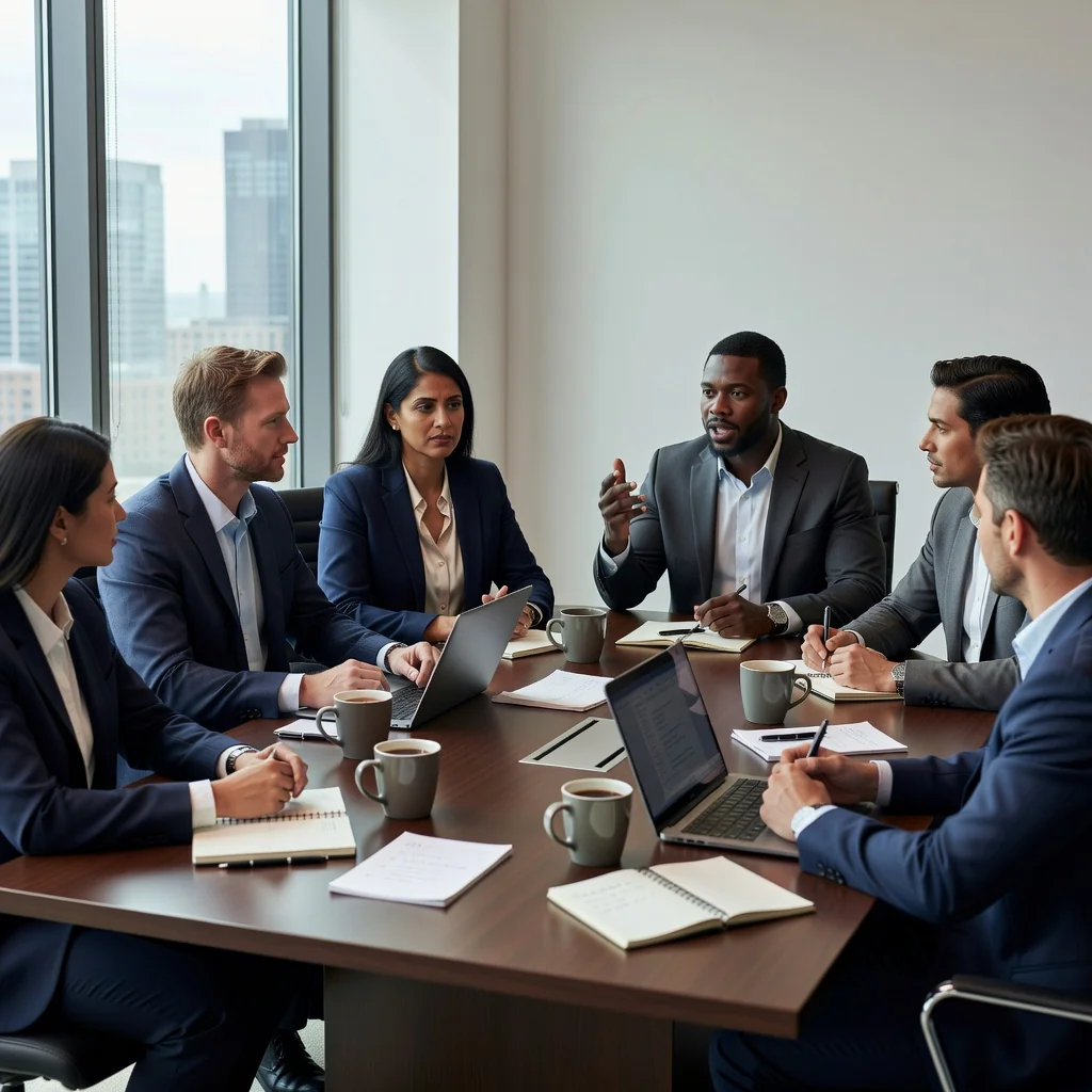 A photorealistic image depicting a diverse group of professional adults in a modern office setting, engaged in a constructive conversation around a table, symbolizing employee feedback and retention discussions, with warm lighting and natural expressions of openness and collaboration. No children are present.