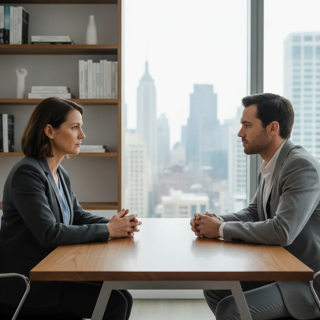 A photorealistic image depicting a professional exit interview scene in a modern office setting, showing an adult employee and a manager engaged in a thoughtful conversation across a desk, symbolizing the purpose of an effective departure questionnaire without focusing on any documents.