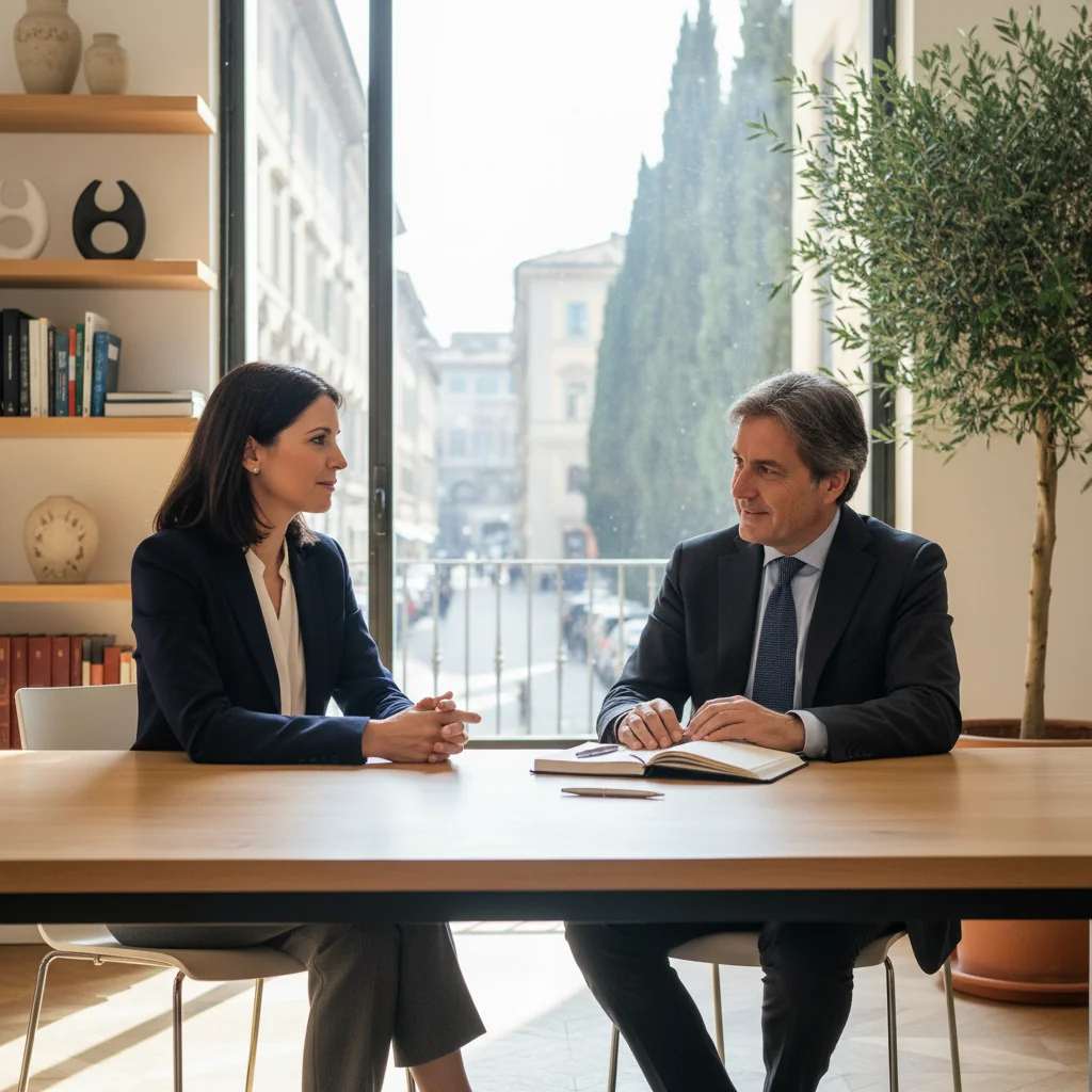 A photorealistic image of a professional adult employee in a modern Italian office setting, engaged in an exit interview with a manager, symbolizing the importance of questionnaires in departure processes, no children present.