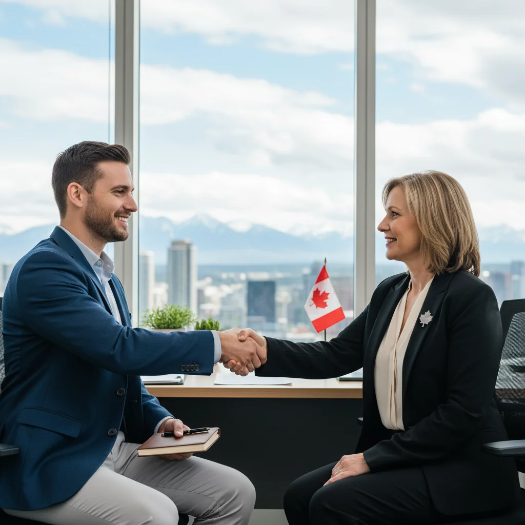A photorealistic image depicting a professional exit interview scene in a modern Canadian office, showing a departing adult employee in business attire shaking hands with a diverse adult HR manager across a desk, with subtle Canadian elements like a maple leaf on the wall, conveying a positive and reflective atmosphere of feedback and transition.