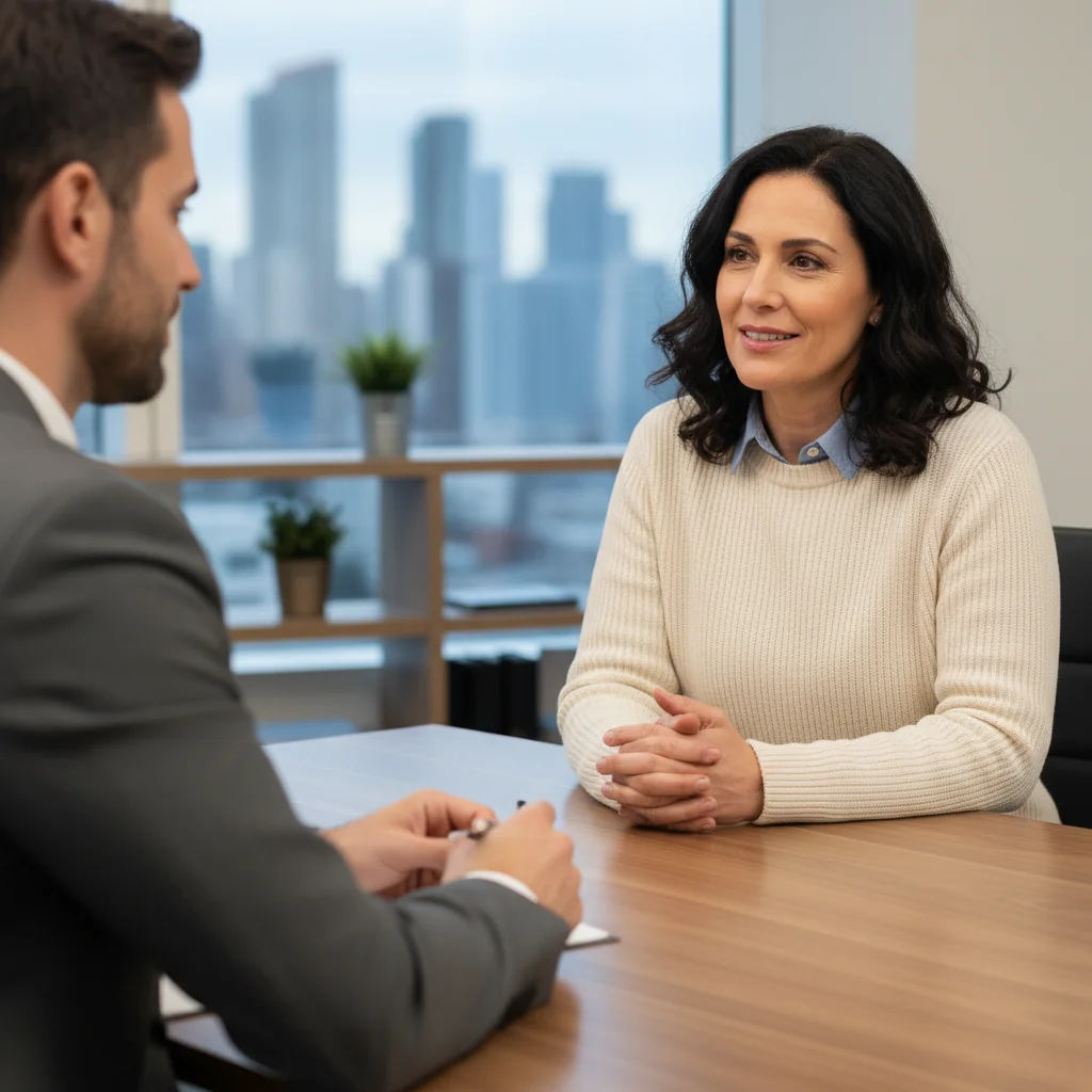 A photorealistic image of a professional adult in a business setting, confidently participating in an exit interview, symbolizing the completion of an employment journey and career transition.