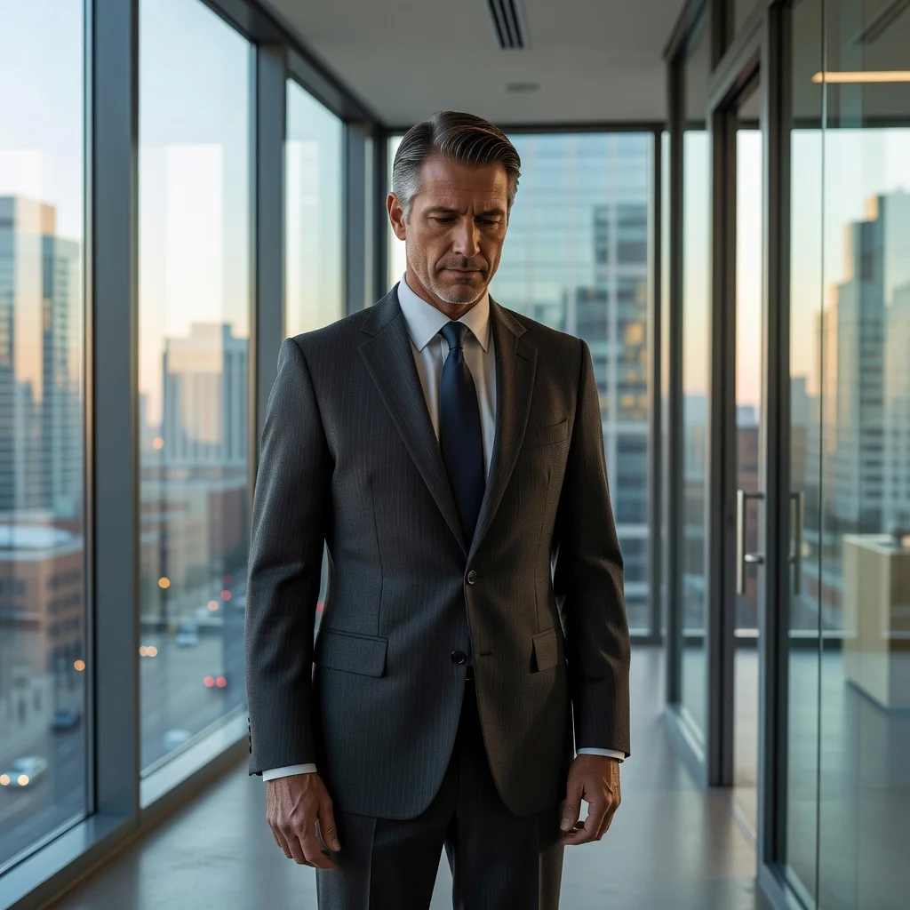 A photorealistic image of an adult professional in a modern office setting, looking thoughtful and reflective while holding a briefcase, symbolizing the exit interview process and employee departure from a company.