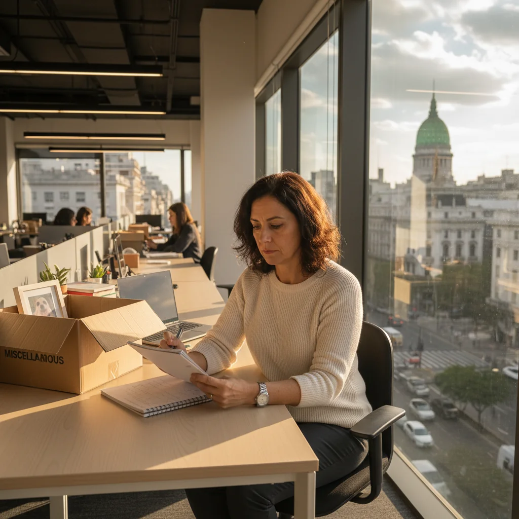A photorealistic image of a professional adult employee in a modern office setting in Argentina, looking thoughtful while packing personal items into a box, symbolizing the end of employment and an exit interview process. The scene includes subtle Argentine elements like a flag or city skyline in the background, conveying a sense of closure and reflection on career transition. No children are present.