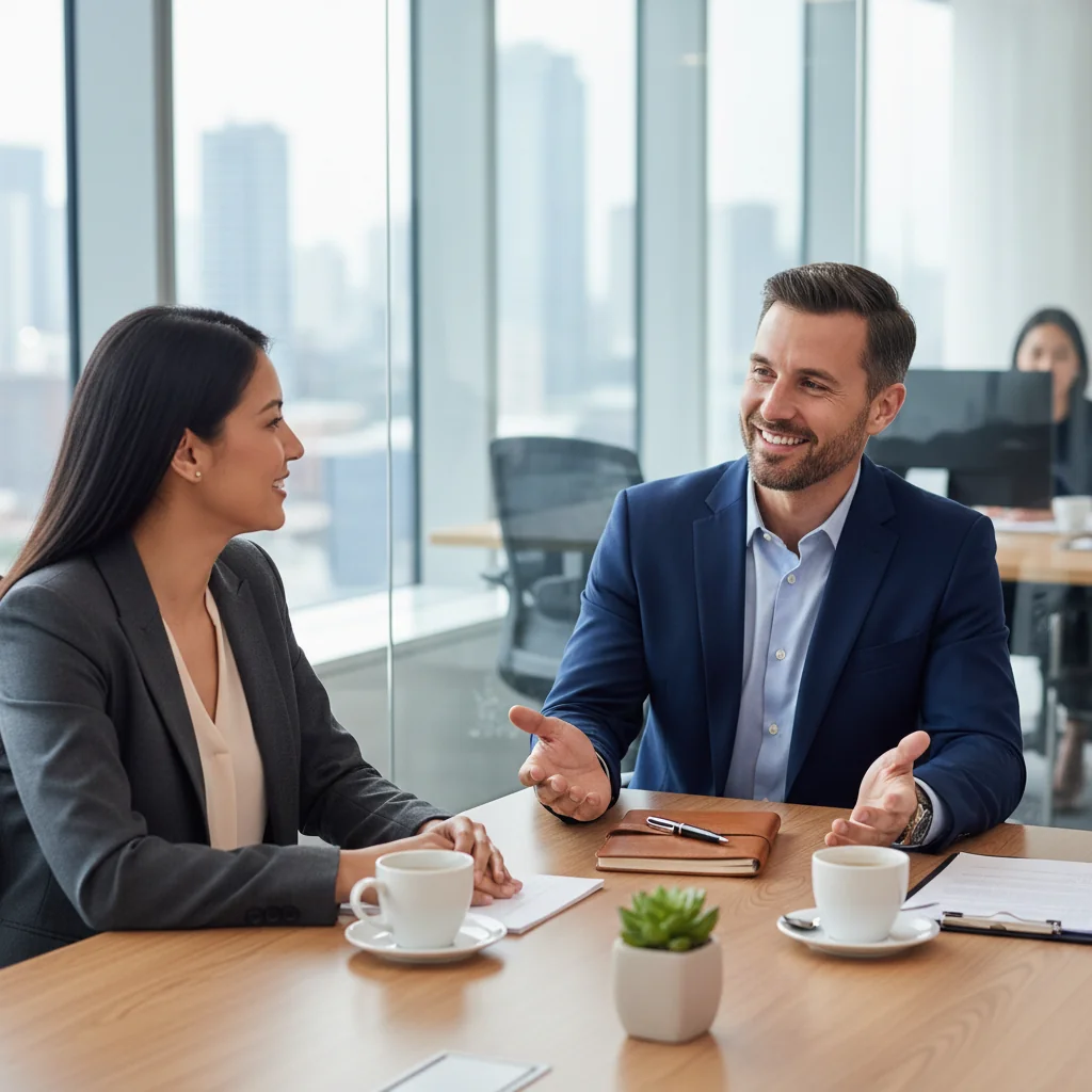 A photorealistic image depicting a professional exit interview scene in a modern office, showing an adult employee and a manager engaged in a calm, constructive conversation across a desk, symbolizing the purpose of an effective resignation survey for gathering feedback and insights.