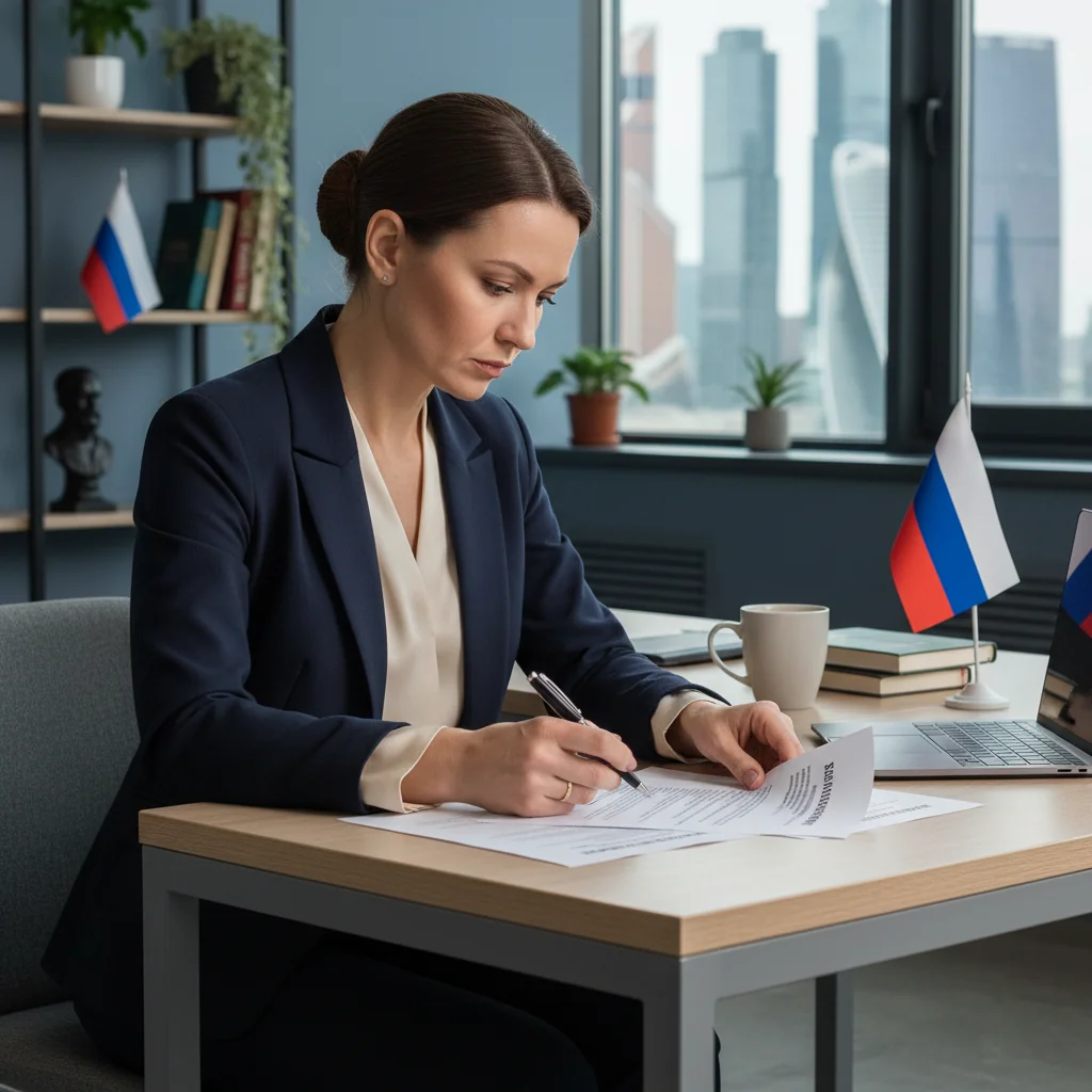 A photorealistic image depicting an adult professional in a modern office setting, thoughtfully reviewing paperwork related to resignation, symbolizing the process of properly filling out a resignation form in Russia, with a sense of calm determination, no children present.