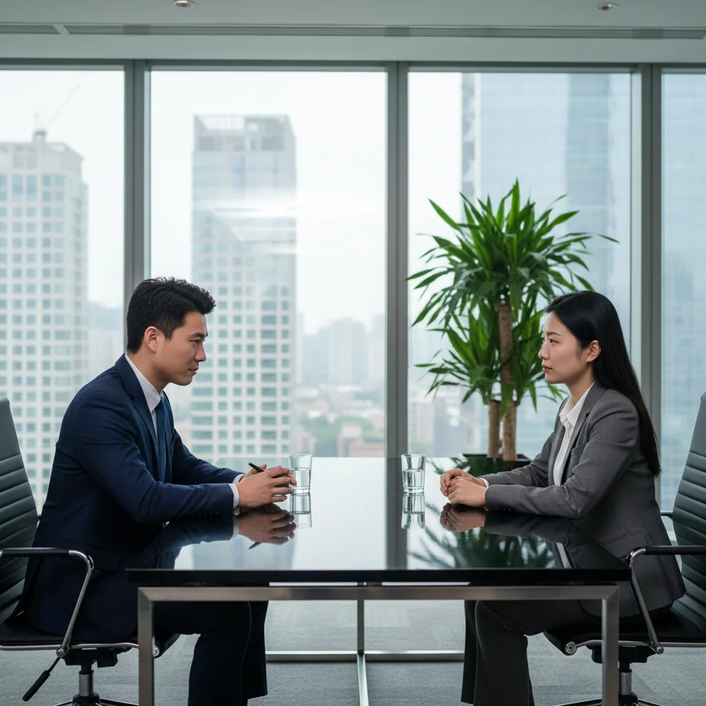 A photorealistic image depicting a professional exit interview scene in a modern office, showing an adult employee and a manager engaged in a calm conversation across a desk, symbolizing the purpose of a resignation survey for Chinese companies, with no children present and no documents visible.