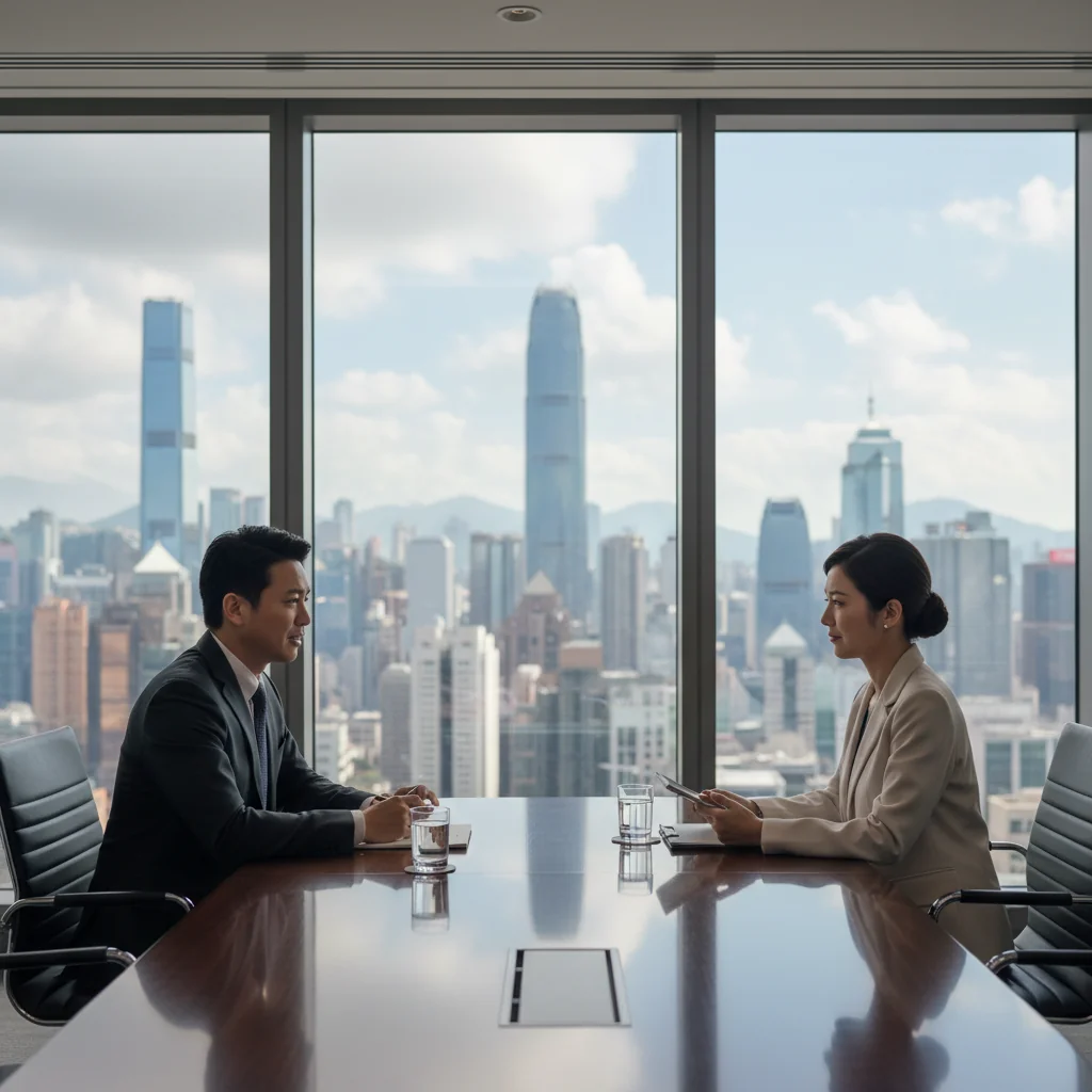 A photorealistic image of a professional adult in a modern Hong Kong office setting, engaged in a thoughtful exit interview discussion with a colleague, symbolizing career transition and feedback in a business context. No children are present.