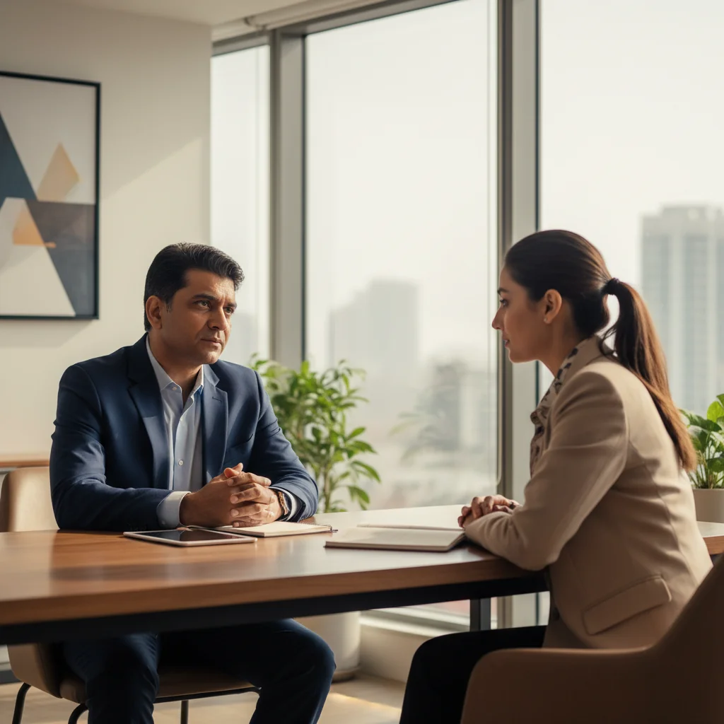 A photorealistic image depicting a professional exit interview scene in an Indian corporate office, showing an adult employee and a manager engaged in a thoughtful conversation across a desk, symbolizing the preparation and purpose of an exit questionnaire without focusing on any documents.