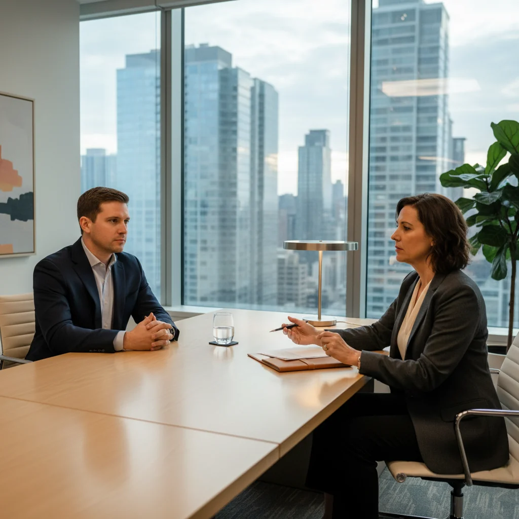 A photorealistic image depicting a professional exit interview scene in a modern office, showing an adult employee and a manager engaged in a thoughtful conversation at a desk, symbolizing preparation and reflection on departure, no children present.