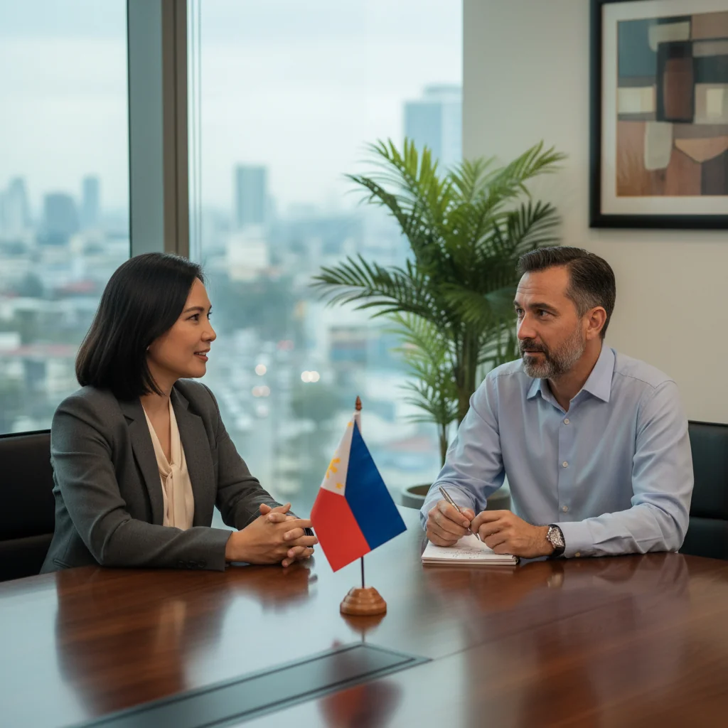 A photorealistic image of a professional HR manager in a modern office in the Philippines, conducting an exit interview with a departing employee. The HR manager is an adult woman in business attire, sitting across from an adult male employee who looks reflective, with Manila skyline visible through the window in the background, emphasizing a constructive conversation about improving workplace practices.