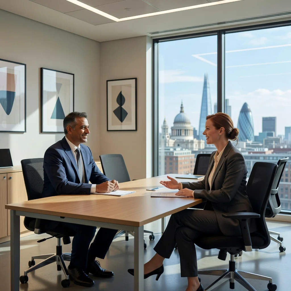 A photorealistic image of a professional exit interview in a modern UK office setting, showing an adult employee and a HR manager engaged in a calm, respectful conversation across a desk, with subtle British elements like a Union Jack flag or tea cups, conveying closure and feedback without any documents visible.