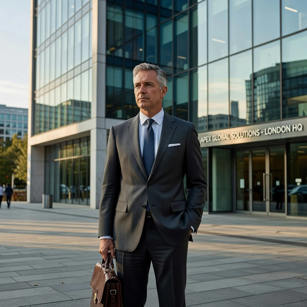 A photorealistic image representing the theme of an exit interview in a UK workplace, showing a professional adult employee in a thoughtful pose, perhaps walking away from an office building or reflecting in a modern conference room, symbolizing departure and feedback, no children or documents visible.