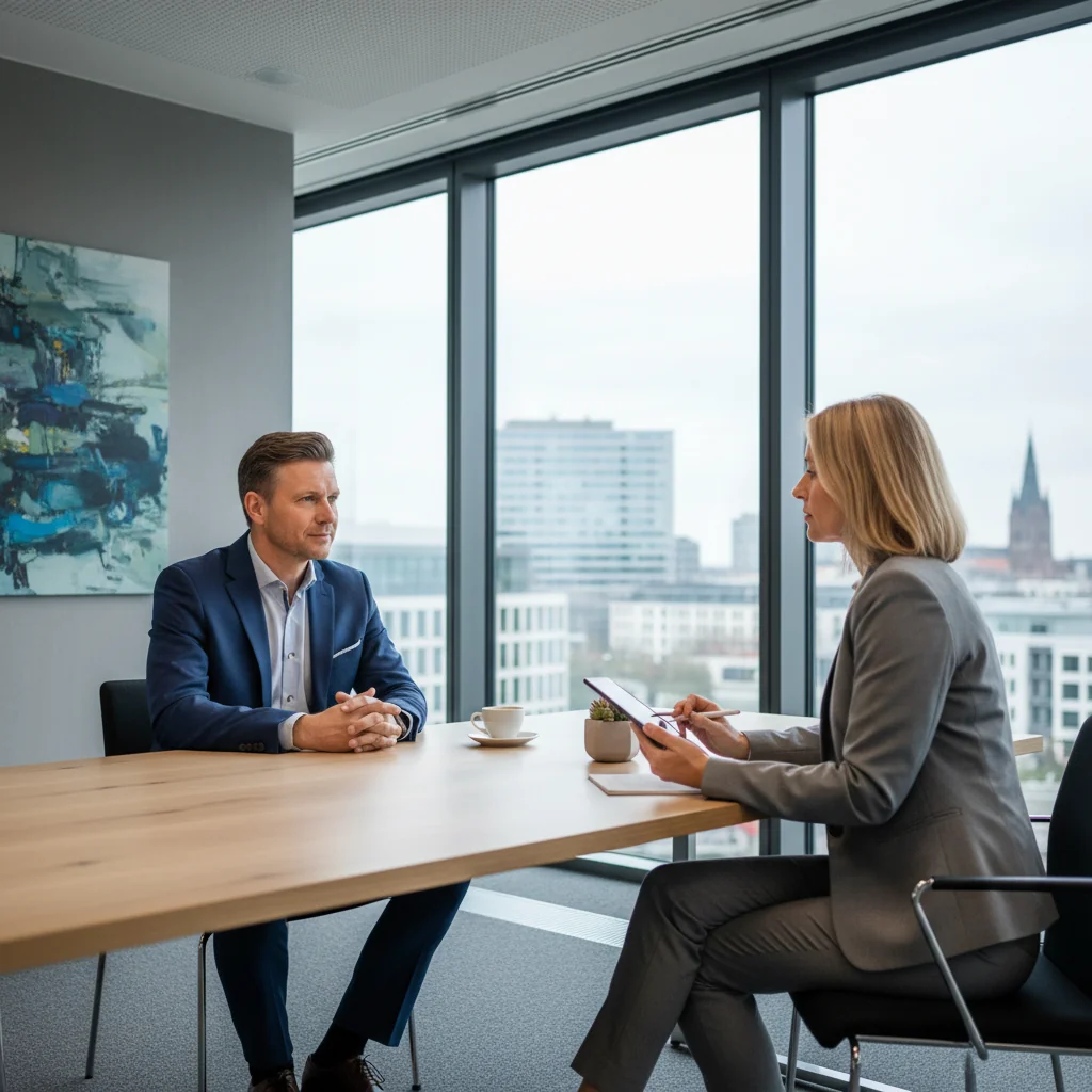 A photorealistic image depicting a professional exit interview scene in a modern German office setting, focusing on the purpose of gathering employee feedback for HR improvement. Show a diverse adult employee in business attire sitting across from an HR professional at a conference table, engaged in a thoughtful conversation, with subtle German elements like a flag or city skyline in the background. No children, no documents visible, emphasizing positive transition and insights.