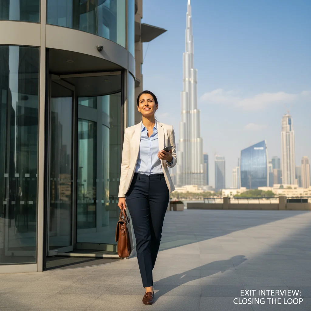 A photorealistic image depicting a professional employee in the UAE, such as an Emirati or expat in business attire, walking confidently out of a modern office building in Dubai with the Burj Khalifa in the background, symbolizing the exit interview process and career transition, conveying a sense of closure and new beginnings, no children or documents visible.